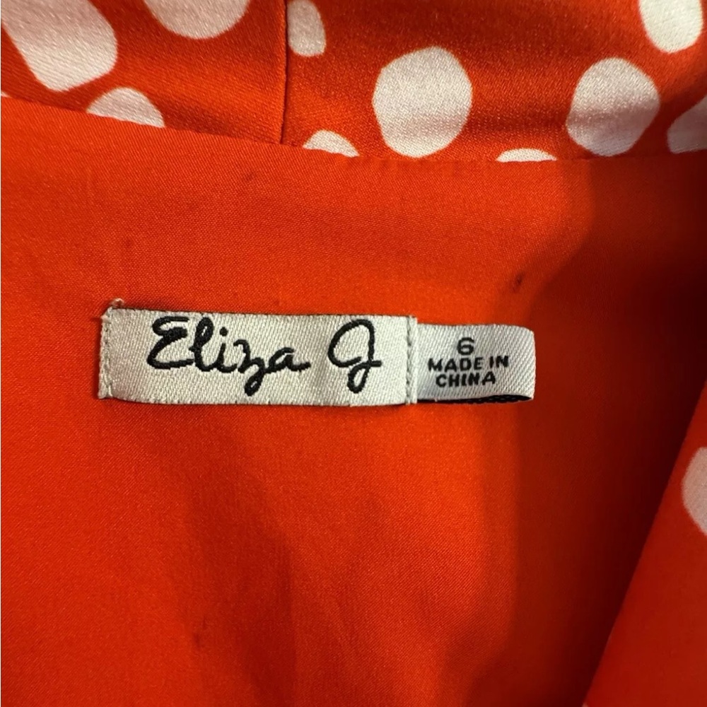 Eliza J faux wrap dress 6 orange white polka dot career office - Picture 7 of 9